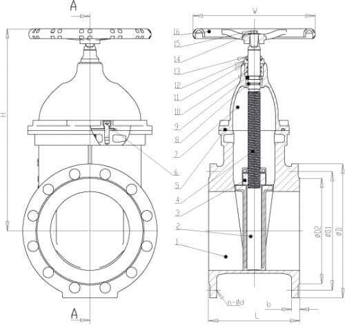 Схема чугунной задвижки обрезиненной